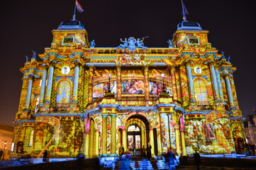 Croatian national theatre building illuminated with light installation. Festival of lights Zagreb