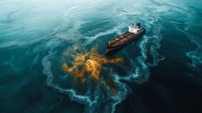 An aerial view of an oil tanker releasing a toxic slick into the ocean waters under a beautiful sky. Generative AI - Powered by Adobe
