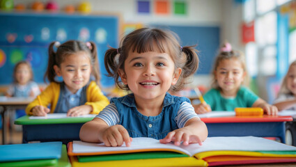 Fototapeta premium Smiling student reading a book in preschool classroom