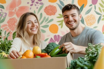 Happy couple unpacking a box of fresh, organic produce against a floral backdrop.