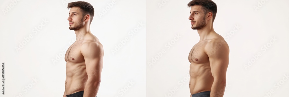 Poster body shape transformation showcasing before and after results with realistic medical photography sty
