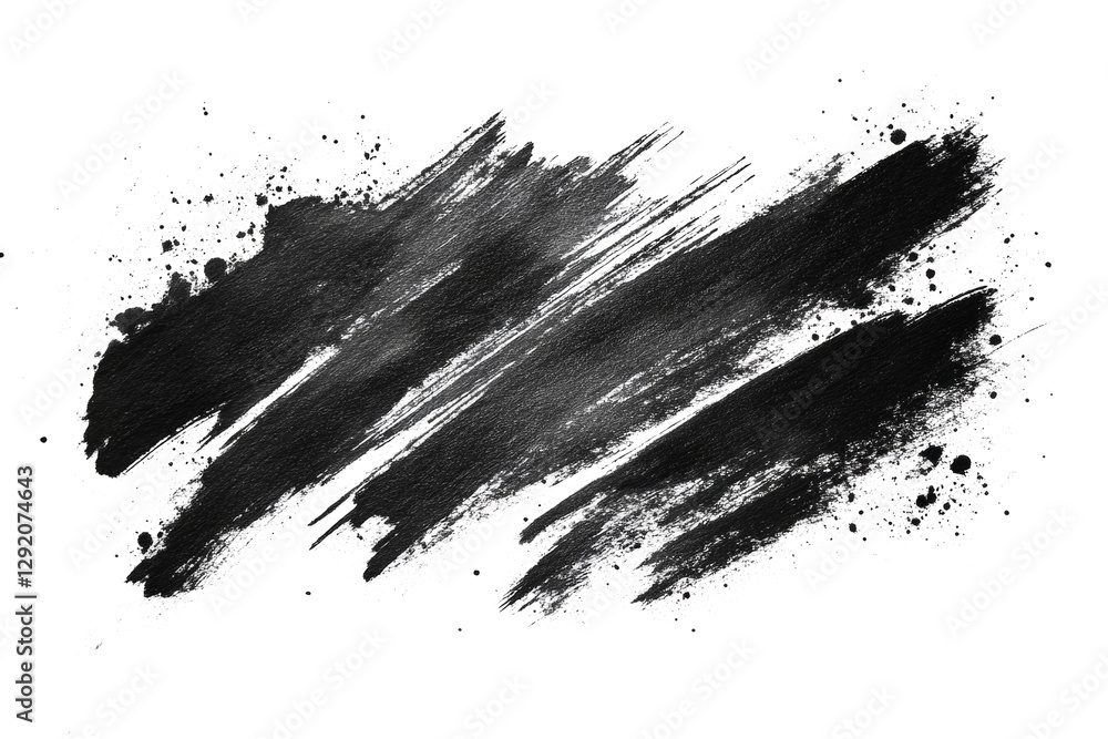 Poster wide brushstroke of black paint creating a dynamic texture with splatters, isolated on white