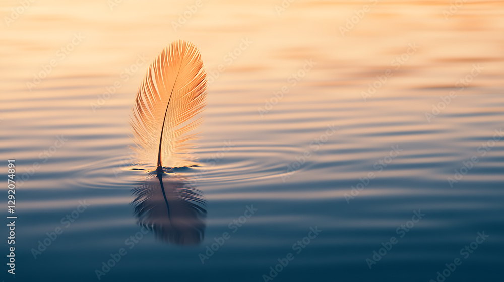Poster feather floating on calm water during sunset, creating ripples and a serene reflection. golden hour 