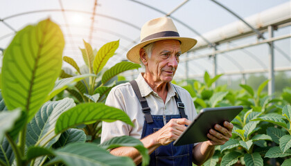 Elderly man with focused mood using tablet among green plants against a greenhouse background
