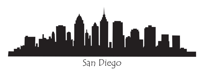A city skyline of San Diego, California, USA. The cityscape is shown in silhouette. Black flat vector illustration isolated on transparent background
