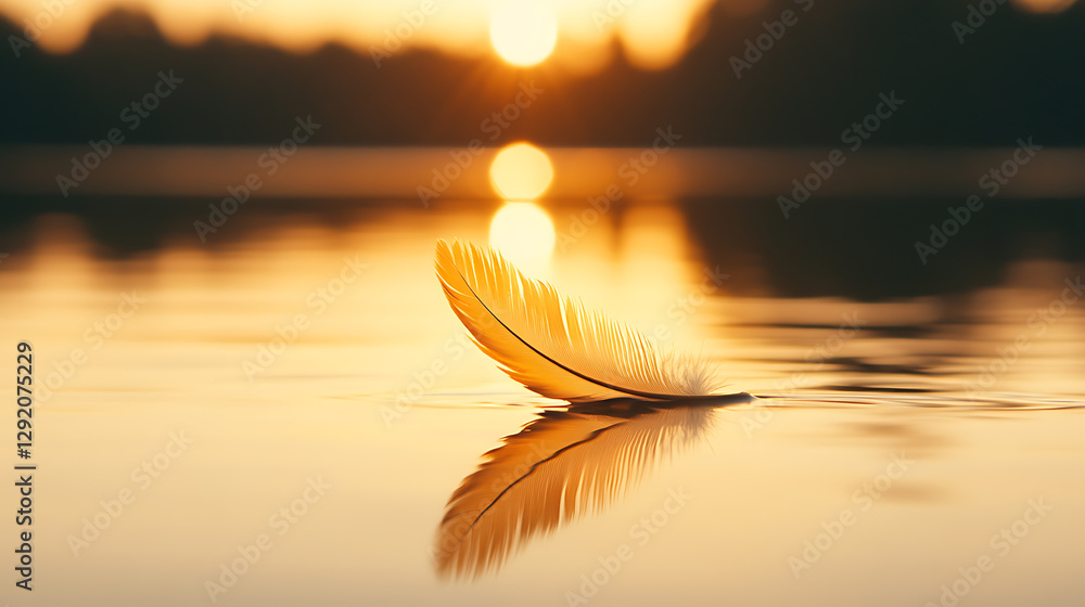 Poster floating feather: serene sunset reflecting on water with a delicate feather adding a touch of tranqu