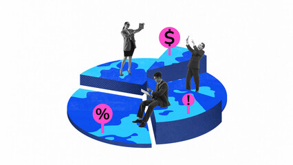 Contemporary art. Business professionals standing on global financial pie chart with economic indicators. Concept of financial management, stock market trends, business, global investments.