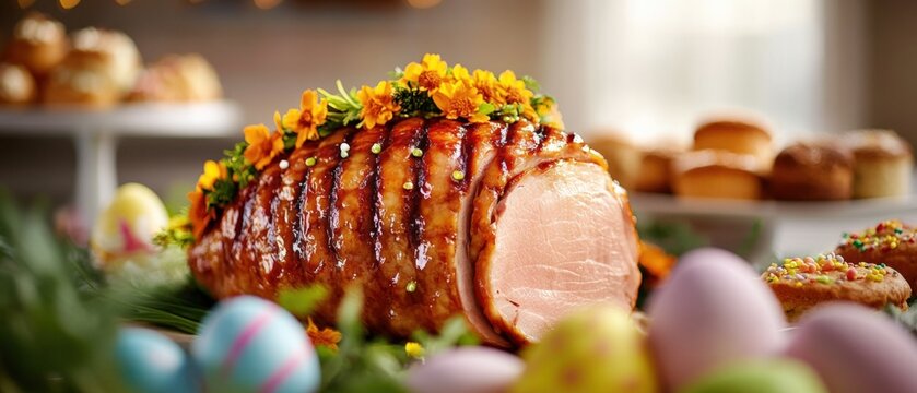 easter ham decorated with flowers and easter eggs