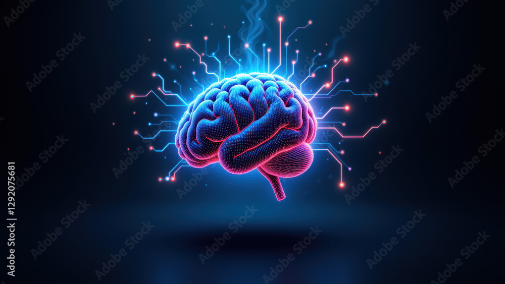Poster an artistic rendering depicting artificial general intelligence with a glowing human brain at its co