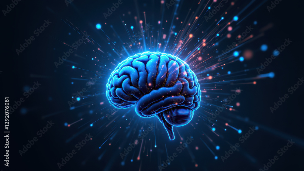 Poster artificial general intelligence symbolized by a glowing brain with cosmic energy emanating from its 