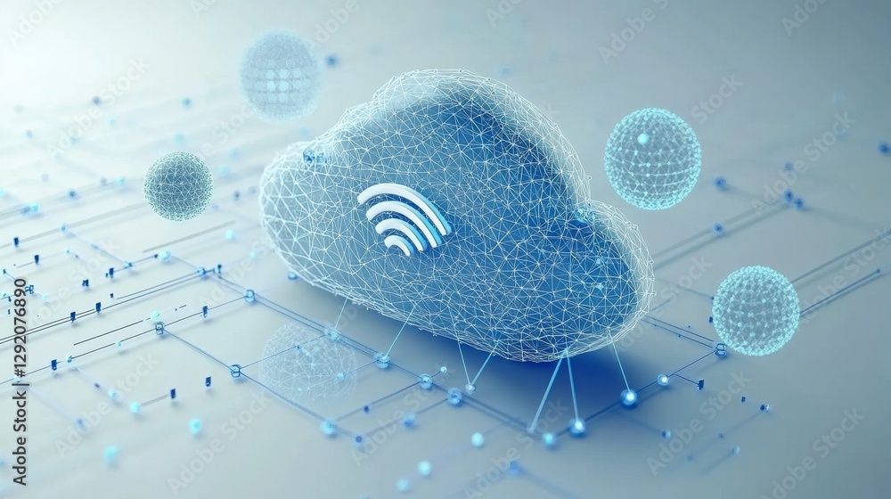 Poster abstract polygonal light design of cloud storage with wi-fi sign. business wireframe mesh spheres fr
