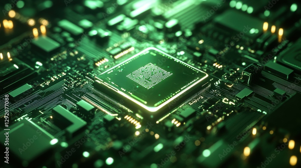 Poster chrome computer chip with ai engraving on green circuit board with glowing patterns