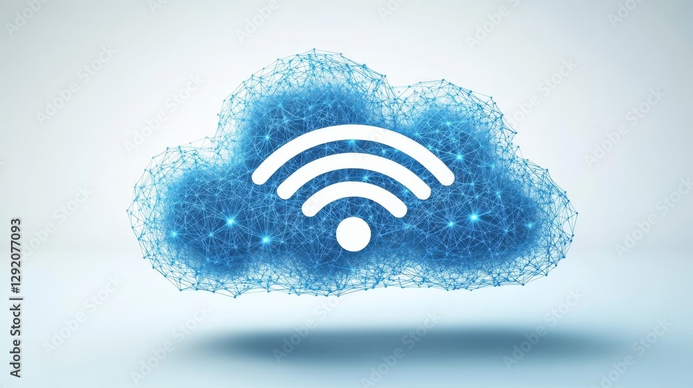 Poster abstract polygonal light design of cloud storage with wi-fi sign. business wireframe mesh spheres fr