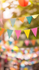 colorful bunting outside with bright blurred background and festive summer mood featuring pastel tones copyspace concept of event planning, celebration, marketing