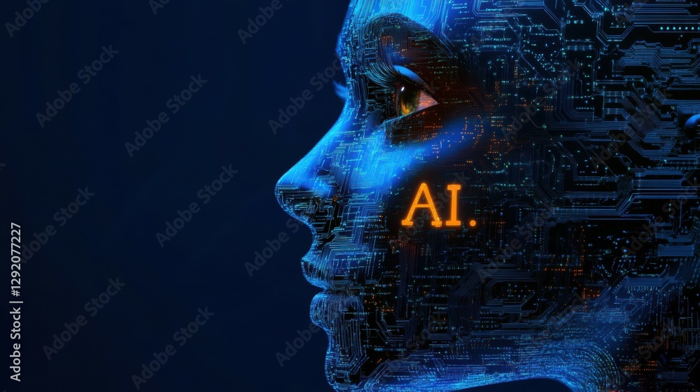 Poster a human face with ai text on a blue background made from a digital circuit for a web banner.