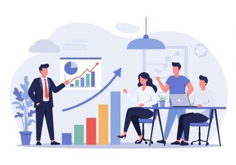 Flat illustration of business professionals in an office discussing financial growth with a rising bar chart presentation