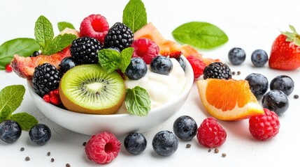 Fresh fruit salad with cream, healthy breakfast