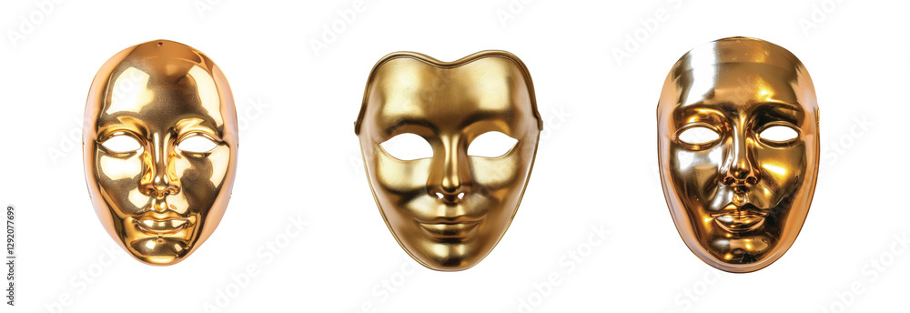 Poster three shiny gold masks displaying different facial expressions and design styles
