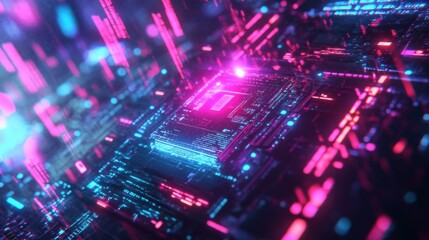 Obraz premium Futuristic ai chip with neon lights and digital data stream