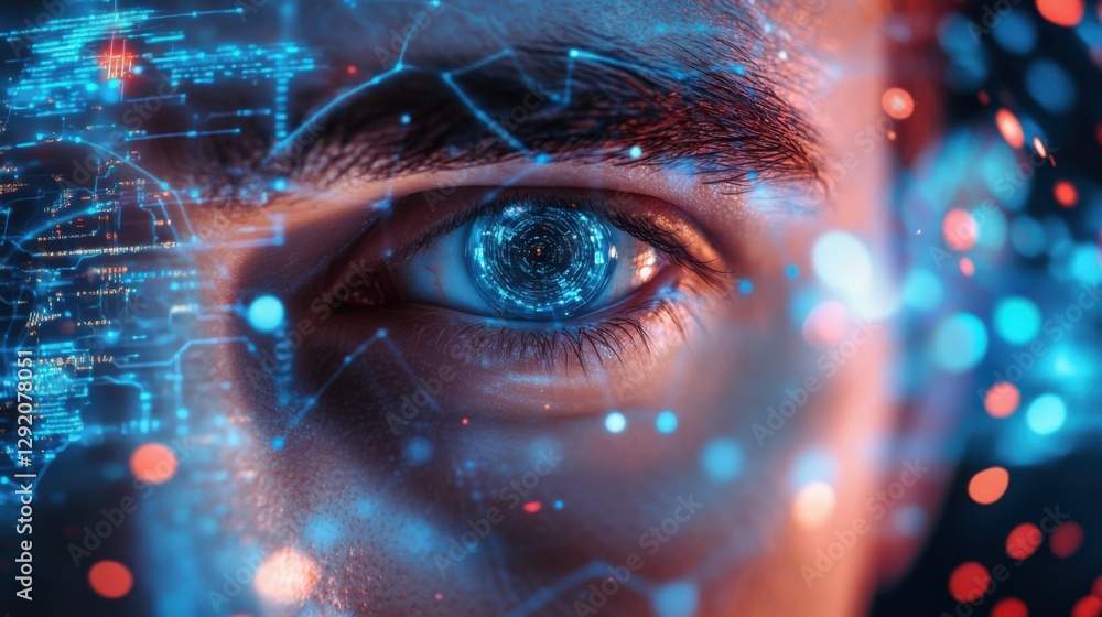 Poster eyes of focused male it specialist analyzing complex data streams, surrounded by augmented reality h