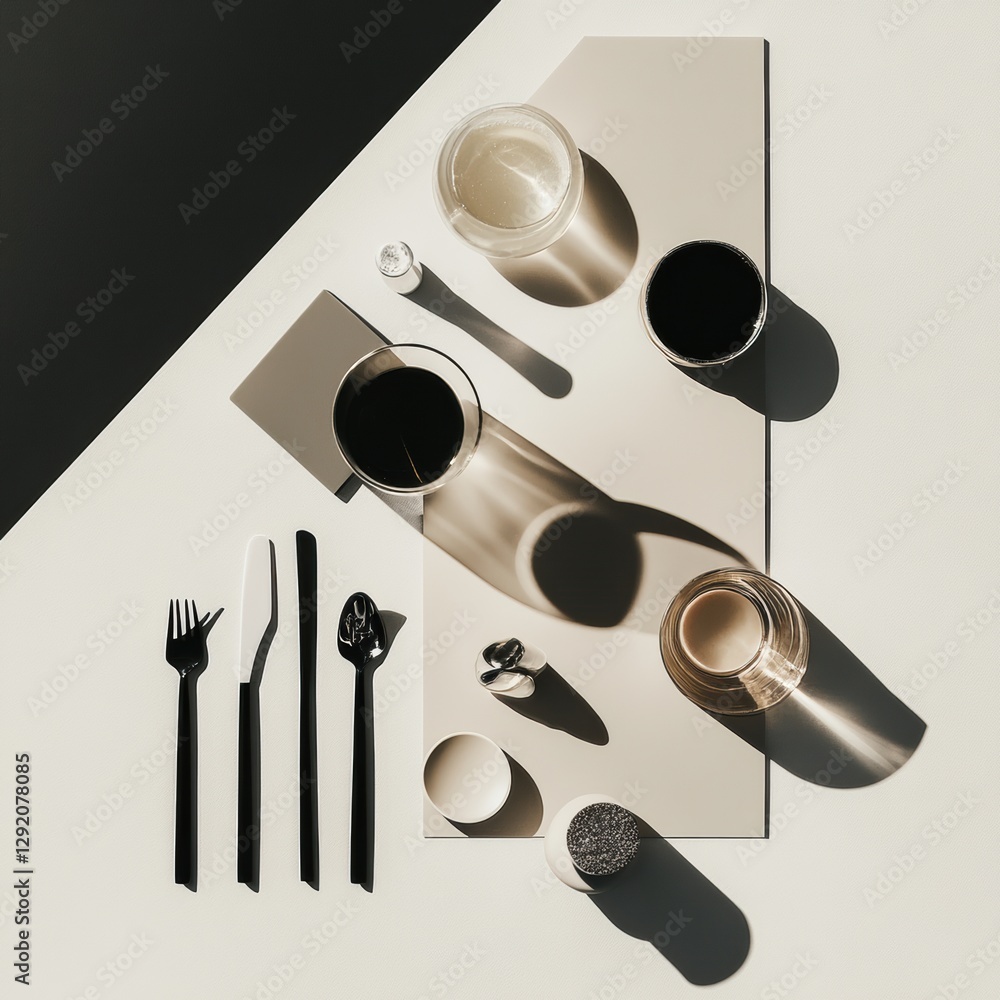 Poster dining table setup featuring minimalist utensils and glasses with shadows on a simplistic backdrop d