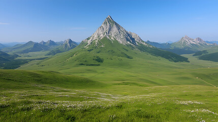 Fototapeta premium Mountain peak panorama, green valley, clear sky, summer hike