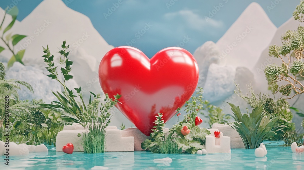 Poster big red heart standing on white platform in paradise lagoon surrounded by lush greenery