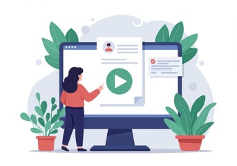 Flat illustration of a woman presenting a document on a computer screen with a play button, symbolizing online education and virtual training