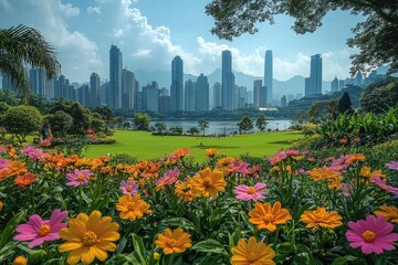 Fototapeta premium Vibrant cosmos flowers in full bloom. A tranquil park scene with city skyline backdrop, perfect for travel, nature, or urban themes.