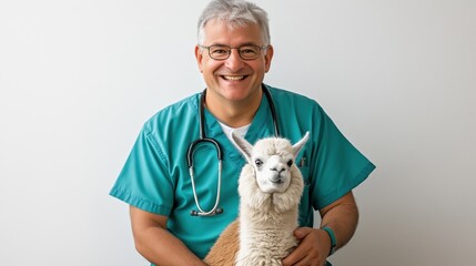 A vet in a blue scrubs holding a baby llama. The man is smiling and the llama is looking at the camera