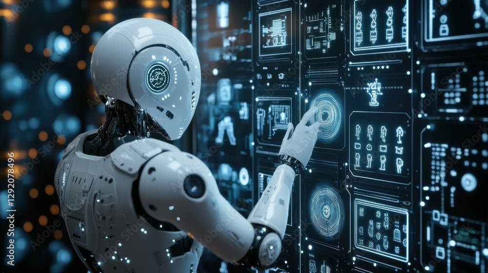 Poster ai learning and artificial intelligence concept - icon graphic interface showing computer, machine t