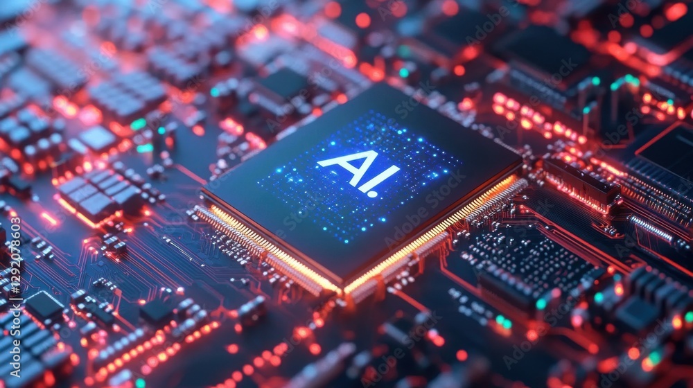 Poster powerful computer processor microchip with the word representing artificial intelligence, ai technol