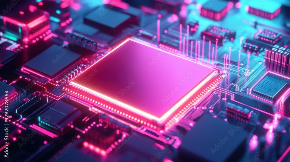 Poster futuristic ai chip with neon lights and digital data stream