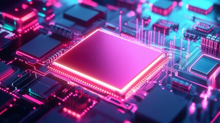 Obraz premium Futuristic ai chip with neon lights and digital data stream