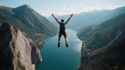 A man with parachute flying over the river. The scene is set in a mountainous area with a city in the background.