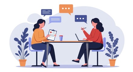 Flat illustration of two women sitting at a table with a clipboard and speech bubbles, symbolizing a job interview or professional discussion