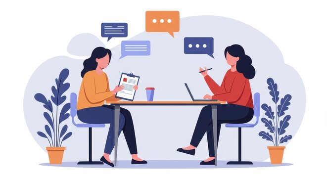 Flat illustration of two women sitting at a table with a clipboard and speech bubbles, symbolizing a job interview or professional discussion