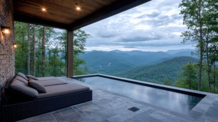 Fototapeta premium Mountaintop infinity pool deck, serene view, luxury outdoor living