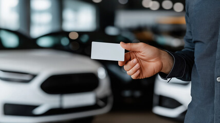 Obraz premium A man is holding a key card from car in his hand. Buying a new car. The setting appears to be a car dealership or showroom..