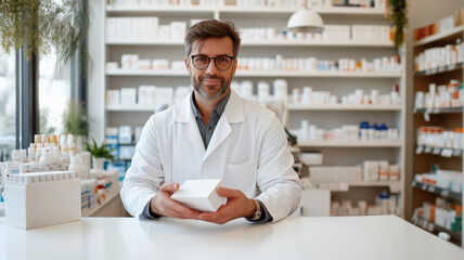 A man in a white lab coat is holding a box of medicine. The pharmacist sits at the table holding a box in his hands. Online orders and delivery of medicines..