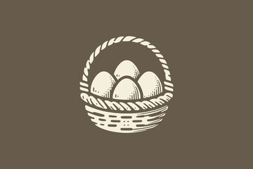 Wicker basket with eggs. Emblem, logo, print. Rustic simple style, Easter symbol. Vector illustration