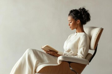 A woman in a white dress sits in a modern chair, engrossed in a book, enjoying a peaceful moment of reading.