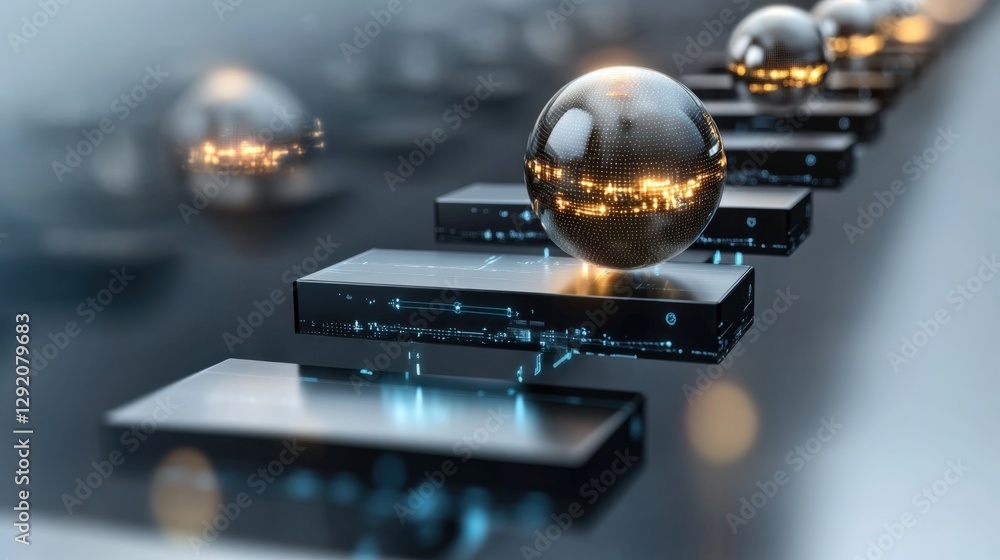 Poster innovative technology displaying spheres on digital platforms modern workspace digital art futuristi
