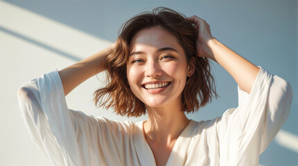 Smiling young woman dressed in white