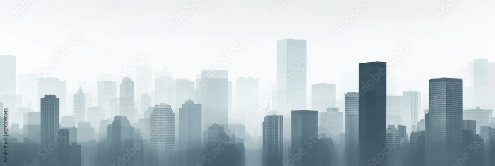 Aufkleber city skyline enveloped in thick gray smog with fading silhouettes of buildings beneath a misty sky. 