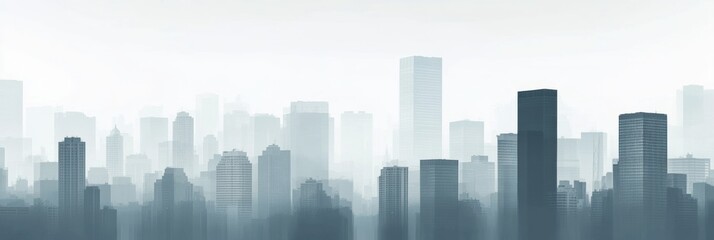 City skyline enveloped in thick gray smog with fading silhouettes of buildings beneath a misty sky. Generative AI