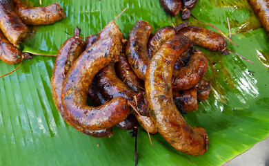 Northern Thai spicy sausage (Sai Aua) local food in thailand, Sold on banana leaves in the market. Close-up Thai food concept illustration for restaurant menu.