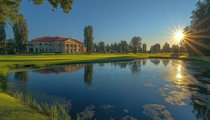 Obraz premium Grand estate reflects in calm pond at sunset. Ideal for luxury real estate, travel, or golf course marketing.