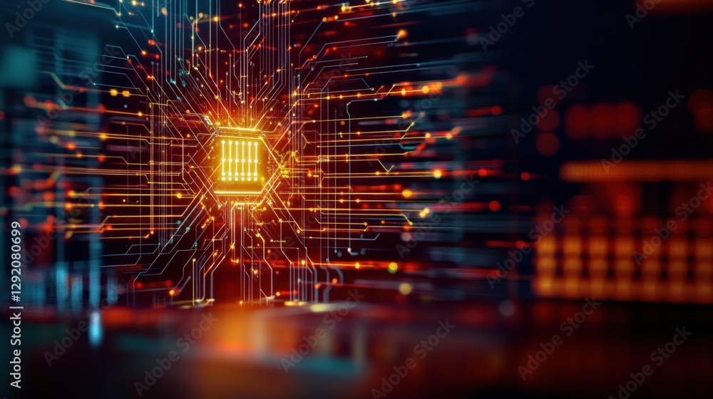 Poster exploring quantum computing advances technology lab digital art futuristic environment close-up view