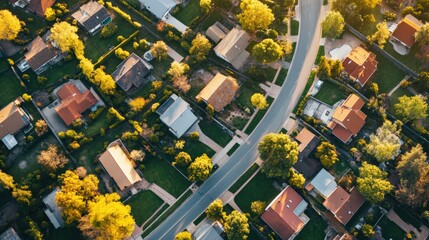 Aerial view of suburban neighborhood showcasing homes and winding roads surrounded by greenery